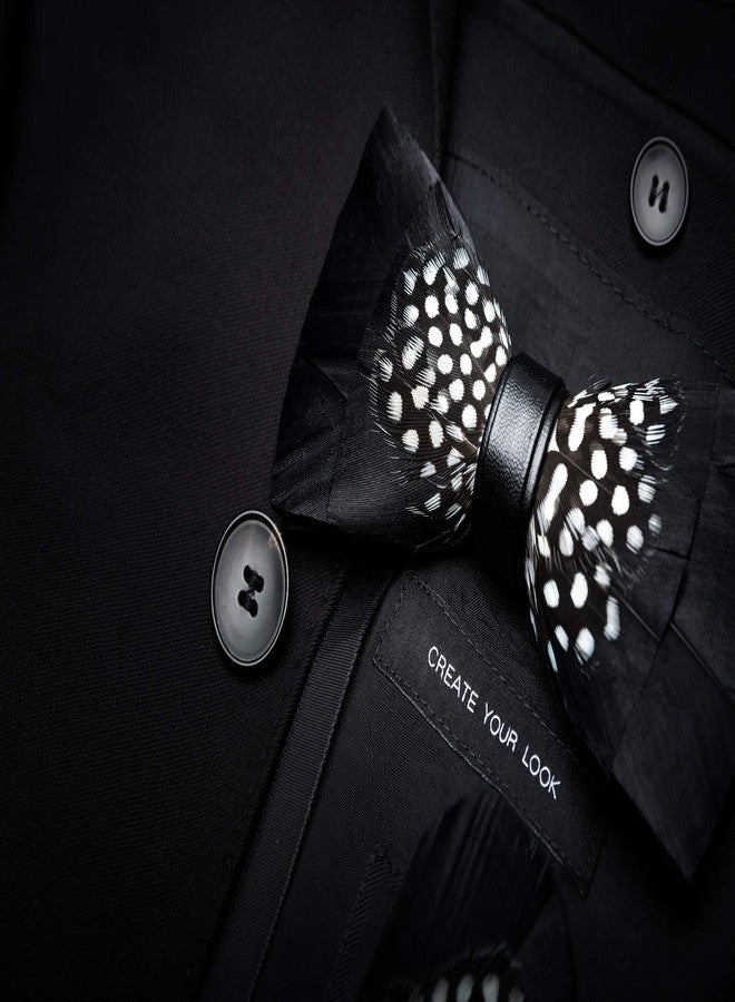 RBOCOTT Mens Handmade Feather Pre-tied Bow tie and Brooch Sets (black/white) - Image 3